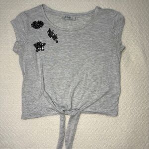 Women's Crop Top T-Shirt Grey Tie-Front, Sequin-Embroidered Details, size XS